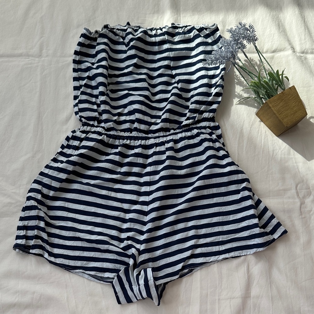 Forever 21 Navy and White Striped Strapless Romper